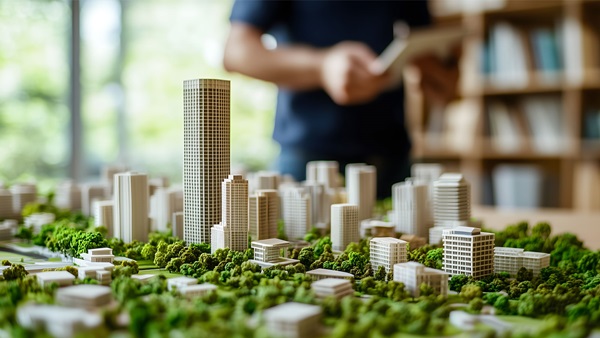 modellino città e persona sullo sfondo