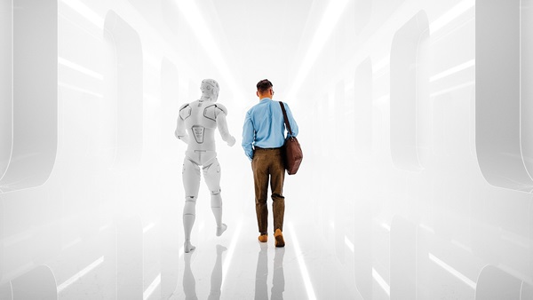 Umano e robot camminano insieme in un corridoio tutto bianco